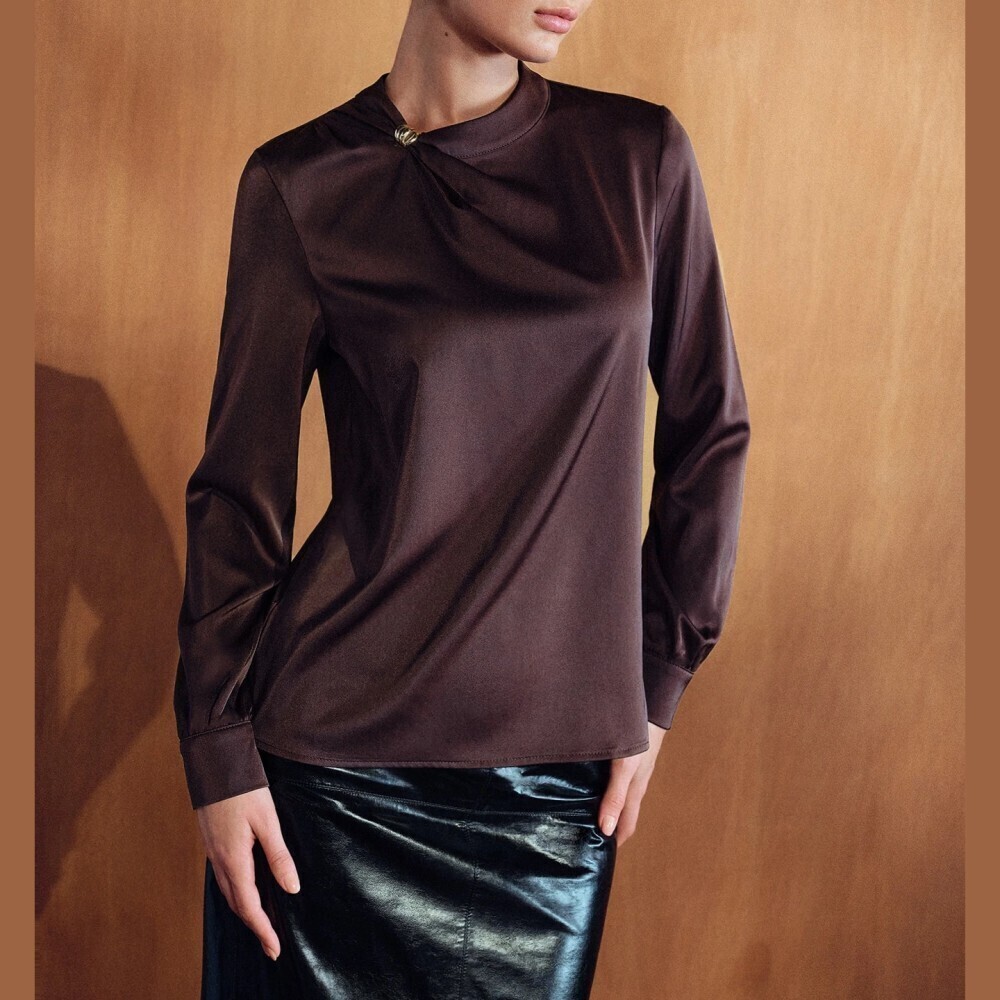 Brown Satin Draped Stand Collar Long Sleeve Blouse w/ Hardware Detail